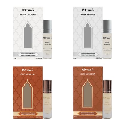 OSSA MUSK DELIGHT & MIRAGE, OUD VANILLA & LUXURIA CONCENTRATED PERFUMES (PACK OF 4)