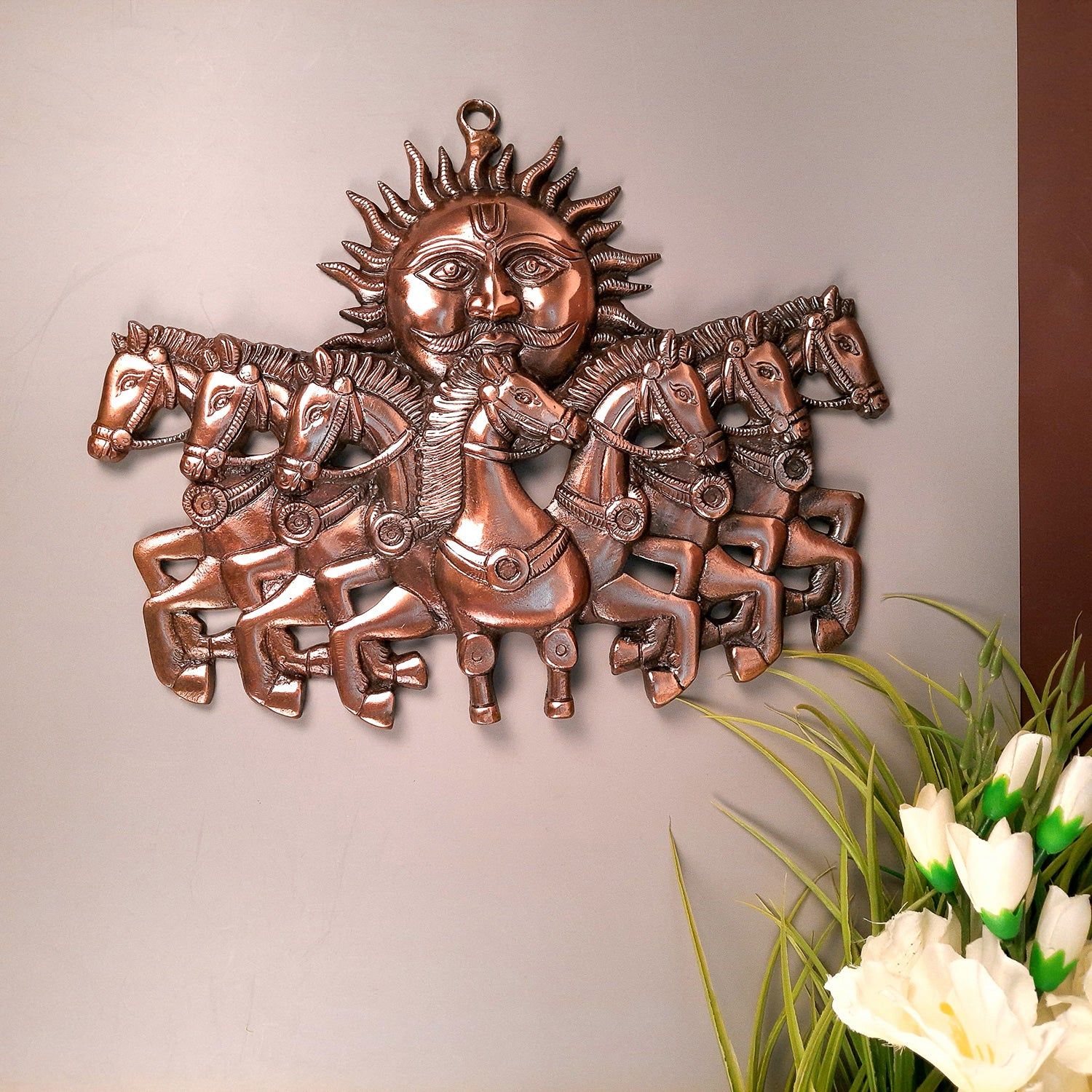 Sun with 7 Running Horses Wall Hanging | Surya Bahgwan With Seven Horse Metal Wall Art - For Vastu, Home, Living Room, Bedroom, Hall, Entrance Decor - 14 Inch