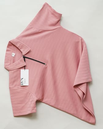 Rose Gold | Ottoman Rib Textured | Polo Zipper T-Shirt-M