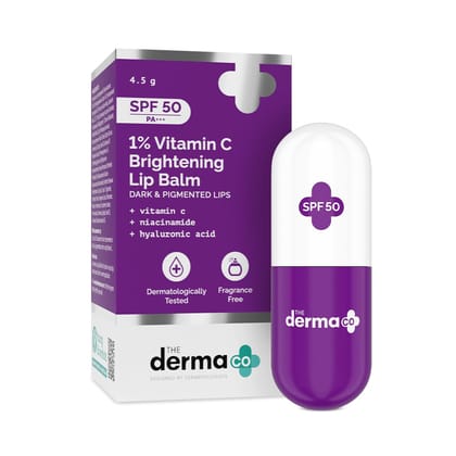 The Derma Co 1% Vitamin C Brightening Lip Balm with SPF 50 PA +++ I With Niacinamide & Hyaluronic Acid | Reduce Lip Pigmentation | Protects From Sun Damage | For Dark, Pigmented, Dry Lips | 4.5g The Derma Co 1% Vitamin C Brightening Lip Balm with SPF 50 