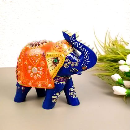 Elephant Statue Showpiece | Fengshui Trunk Up Vibrant Elephant Figurine With Kundan Work - For Vastu, Home Decor, Living Room, Office & Gift - 7 inch-Blue
