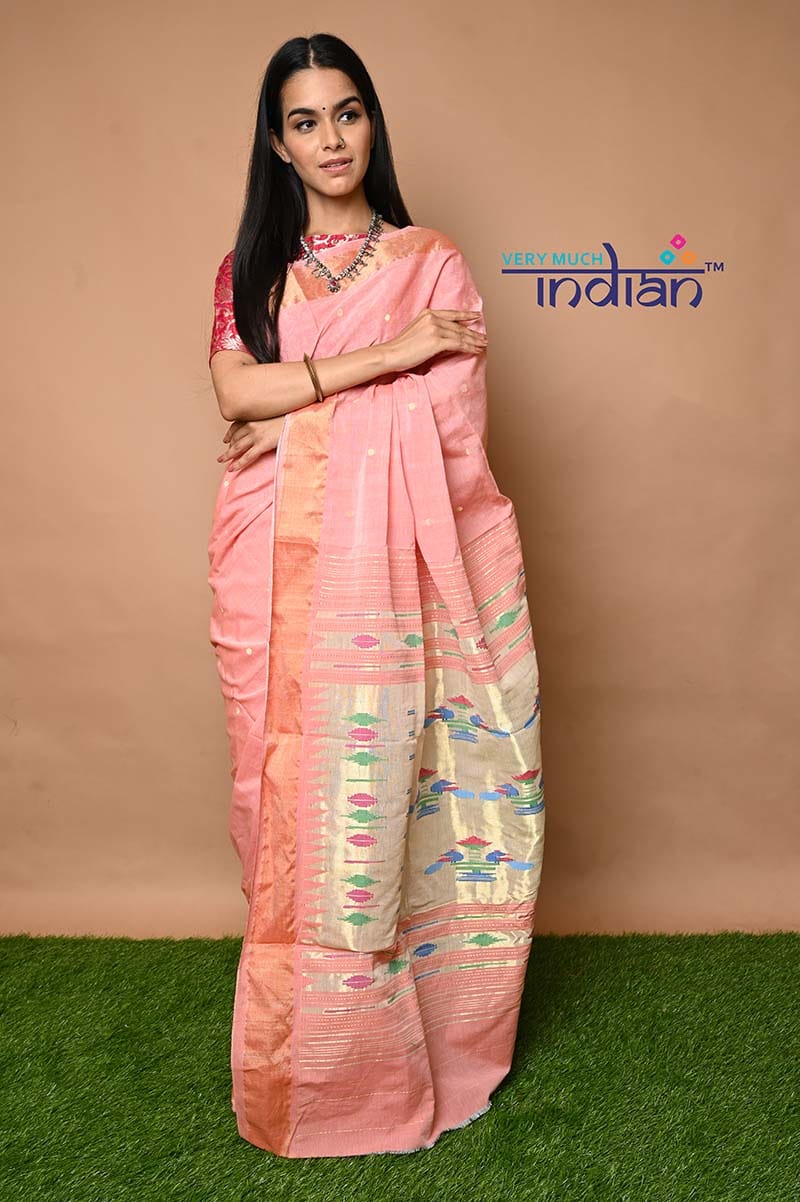 Cotton Paithani - Handloom Fresh Peach  Paithani with Traditional Double Pallu