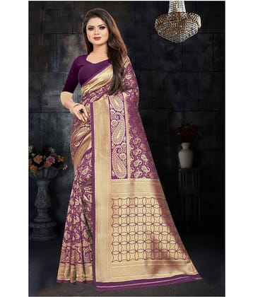 Gazal Fashions Silk Blend Printed Saree With Unstitched Blouse Piece ( Purple )