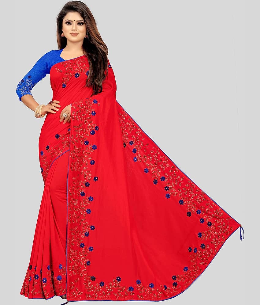 Gazal Fashions Silk Embroidered Saree With Unstitched Blouse Piece ( Red )