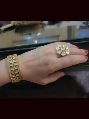 Leaf shaped uncut polki with ruby stones center adjustable kada(1.5cm broad)