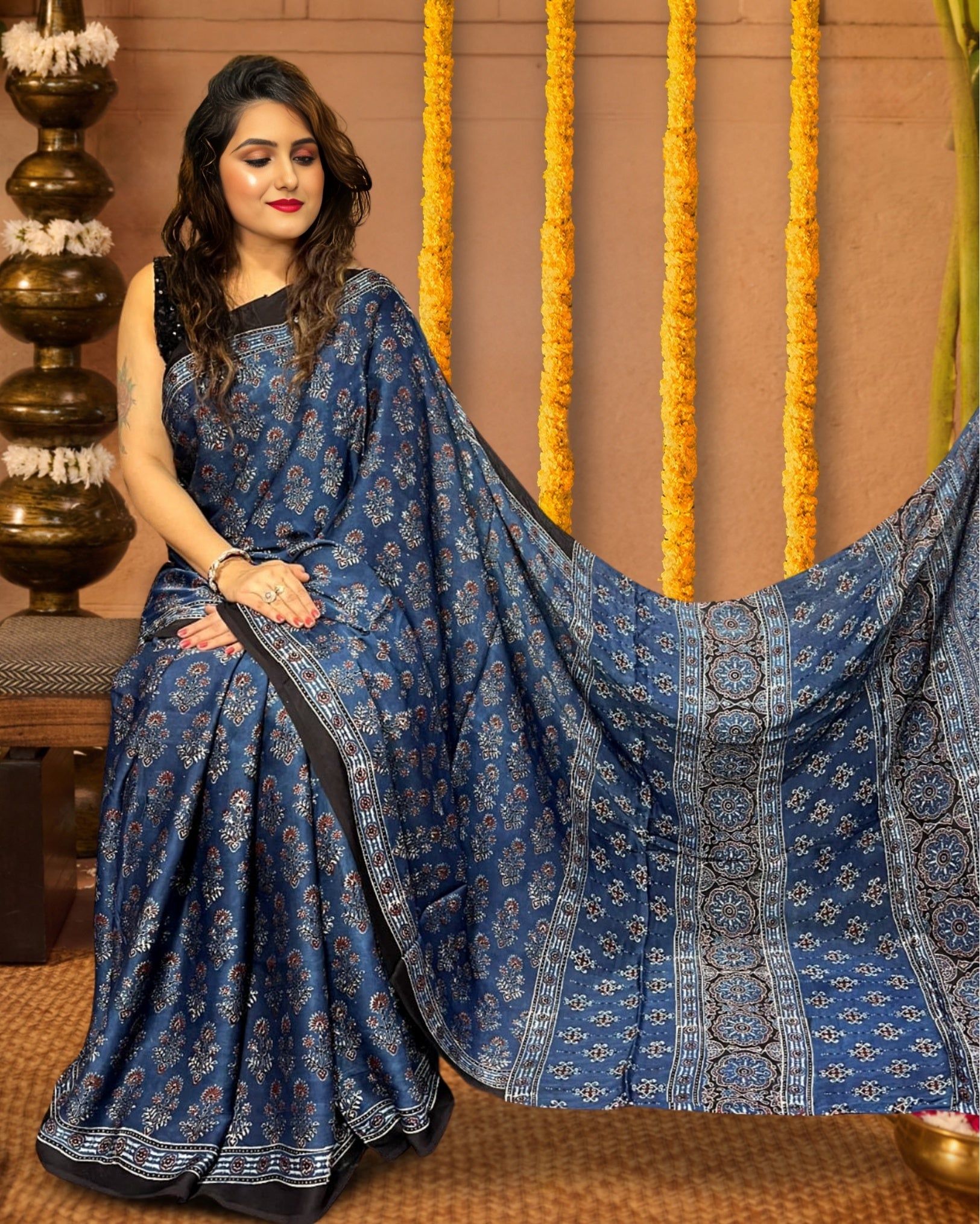 Heritage Hues Modal Silk Azure Blue Ajrakh Saree