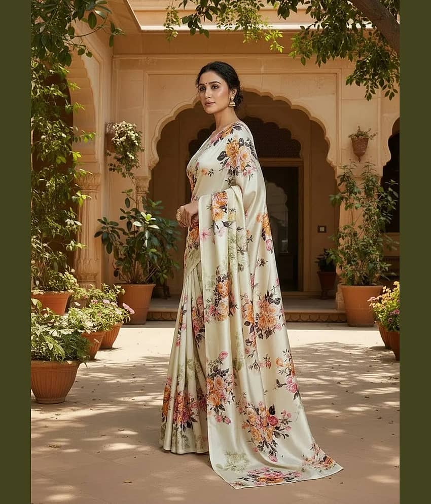 Saadhvi Linen Printed Regular Saree With Unstitched Blouse Piece ( Cream )