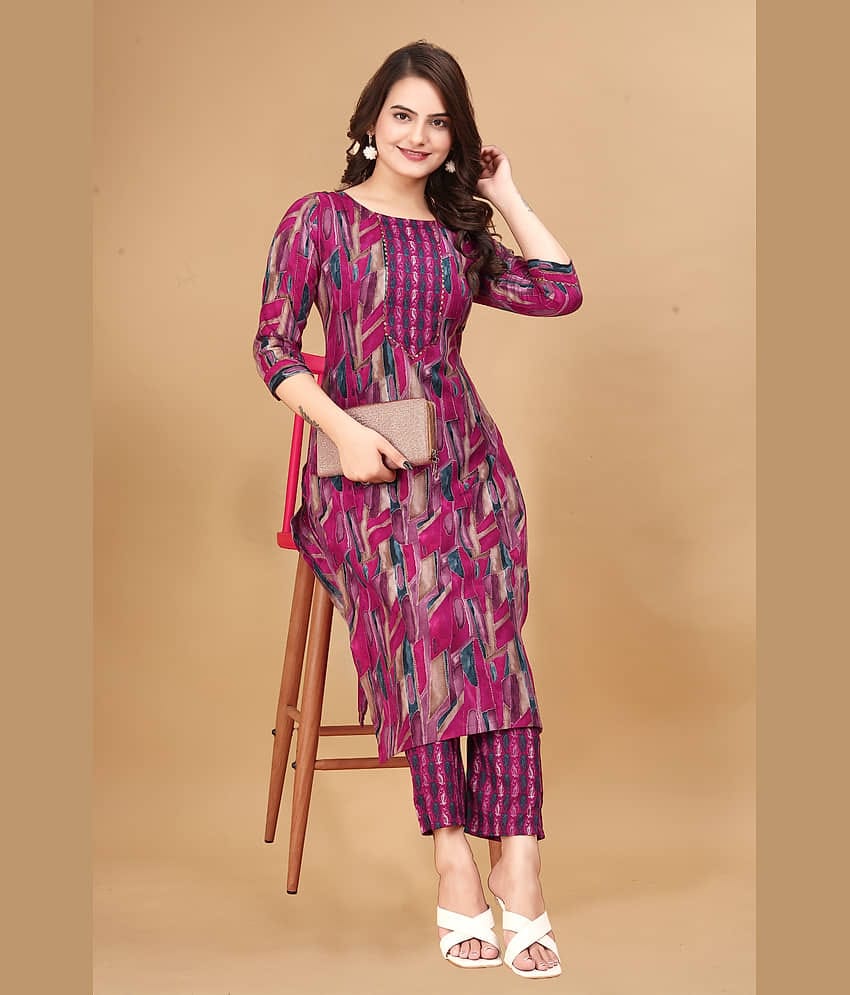 Women Basket Cotton Blend Printed Kurti With Pants Women's Stitched Salwar Suit - Pink ( Pack of 1 )