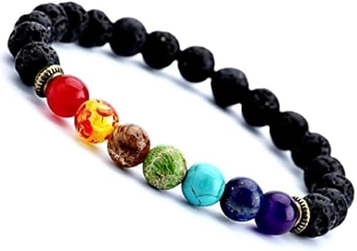 CRUZINE 7 Chakra Lava Stone Beaded Bracelet, 6.7 inch Inner Length