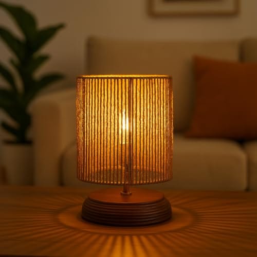 Homes Wood Boho Raffia Incandescent Table Lamp I Night Lamp for Bedroom Bedside & Center Table Lamp for Restaurant