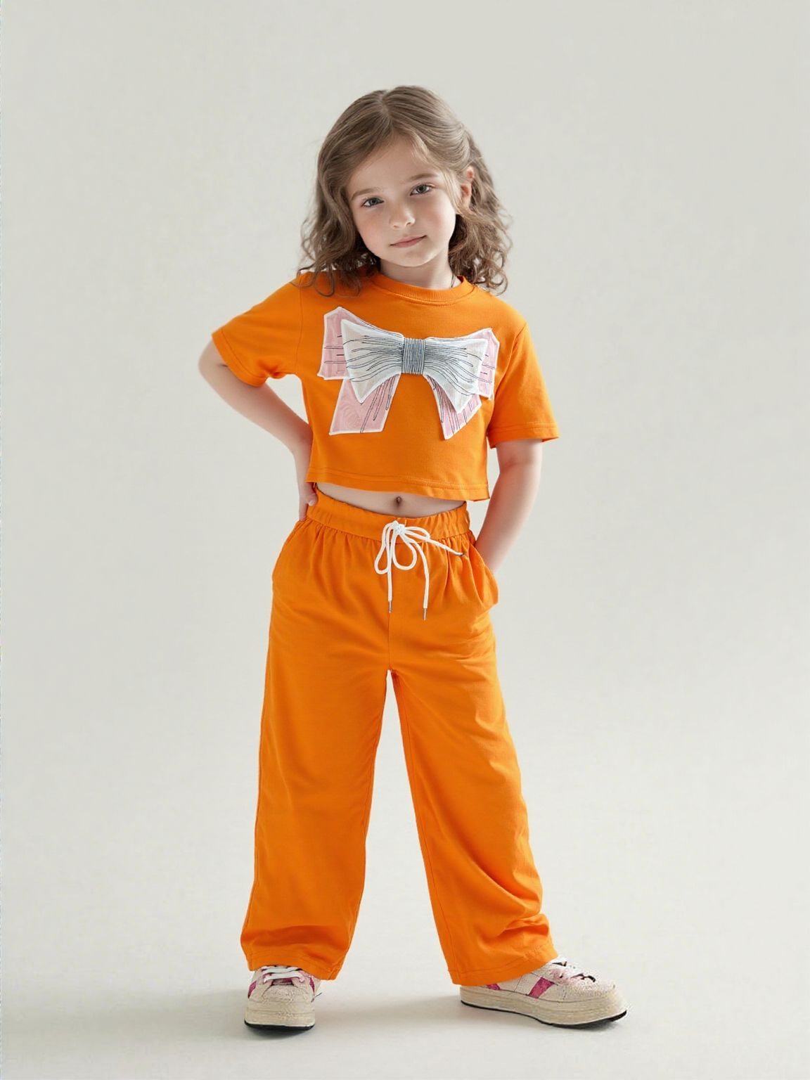 Girl's Orange Bow Co-Ord  Set [GCS-9924](1-12 Years)-5-6Y (Size - 26) / Ribbed / Orange