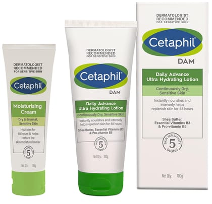 Cetaphil Daily Advance Ultra Hydrating Lotion for Dry/Sensitive Skin, Long Lasting Moisturizer for Face & Body, Multi, 100 g & Cetaphil Moisturising Cream for Face & Body, Dry to very dry skin, 80 gm Cetaphil Daily Advance Ultra Hydrating Lotion for Dry/