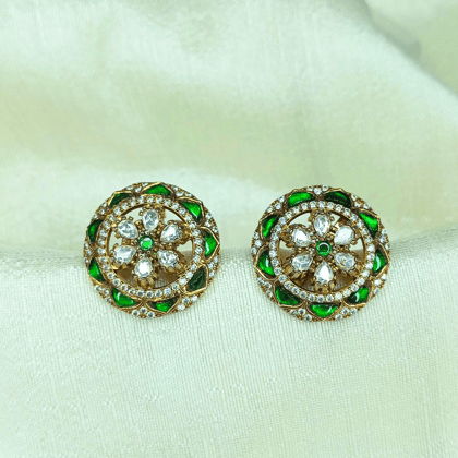 Elegant Gold-Plated Floral Stud Earrings with Emerald Green