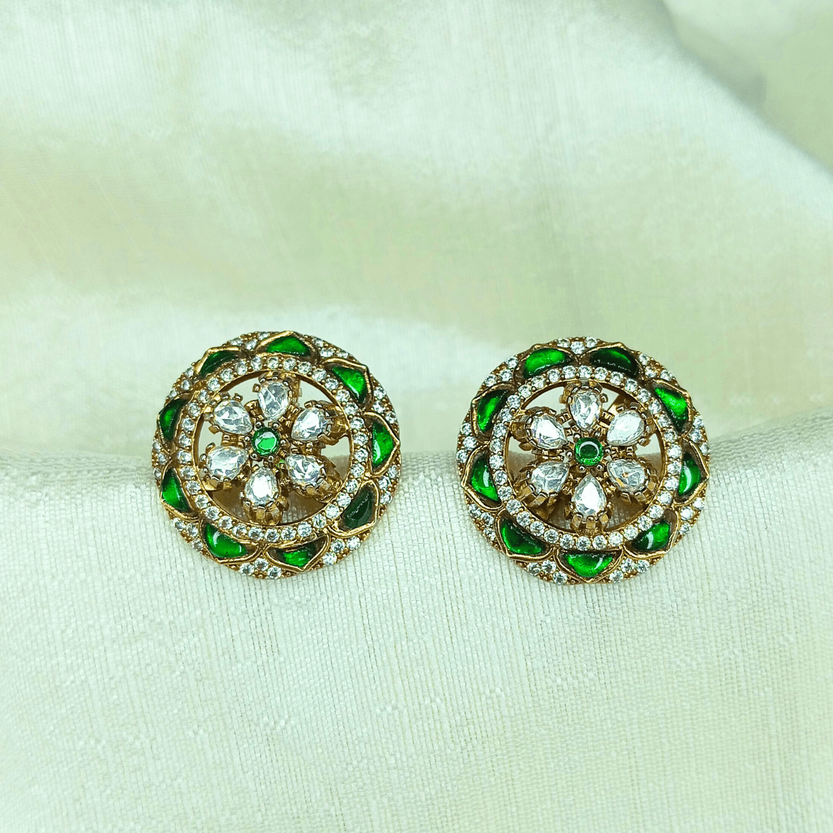 Elegant Gold-Plated Floral Stud Earrings with Emerald Green