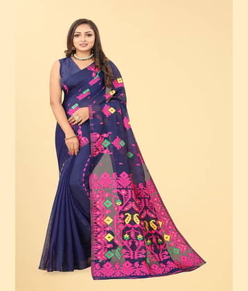 NENCY FASHION Cotton Printed Saree With Unstitched Blouse Piece ( Navy Blue )