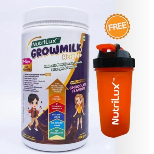 NutriLux Grow Height+ Kids Growth Chocolate Milk Powder with Free Shaker (7-12y Boy & Girl), (400g)
