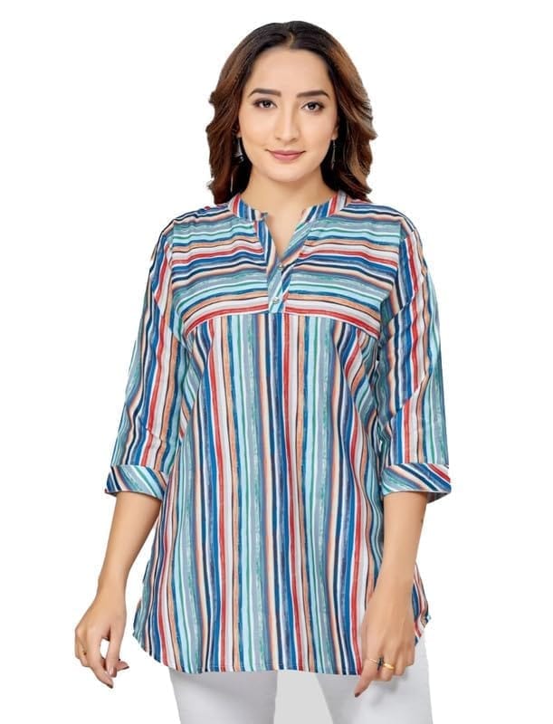 Women's Cotton Blend Mandarin Collar 3/4 Sleeves Short Top (Multicolor, M)-PID56245