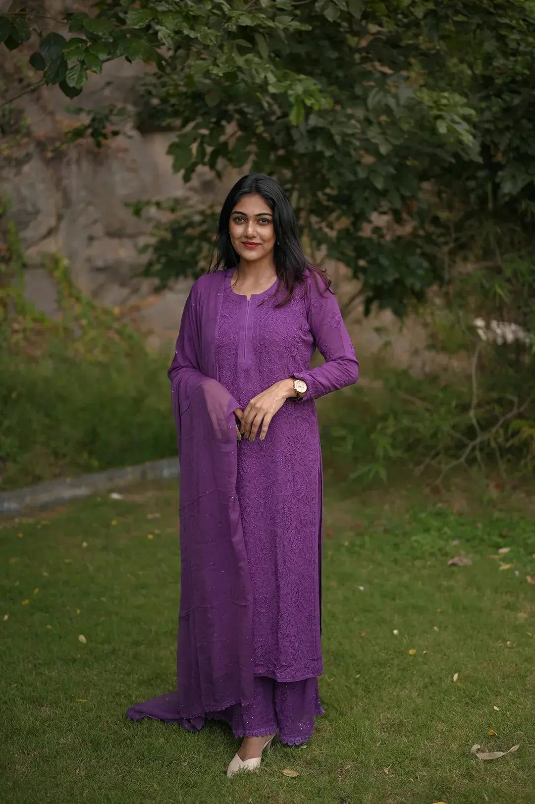 Viscose Chikankari Plazzo Set - Lara's Purple-Lara's Purple / Viscose / S
