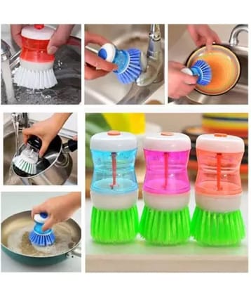 Dish/Washbasin Plastic Cleaning Brush with Liquid Soap Dispenser (Set of 3)