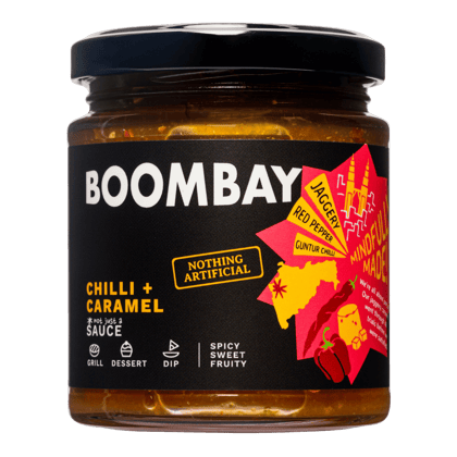 BOOMBAY Chilli + Caramel Sauce - Use as a Topping for Deserts, Dip for Snacks, Marinade for Grill, Spicy Sweet Flavour to Noodles, 190 gm