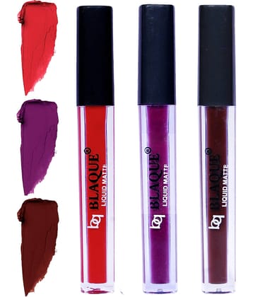 bq BLAQUE Matte Liquid Lipstick Combo of 3 Lip Color 4ml each, Waterproof - Orangish Red, Purple Affair, Chocolate Mood