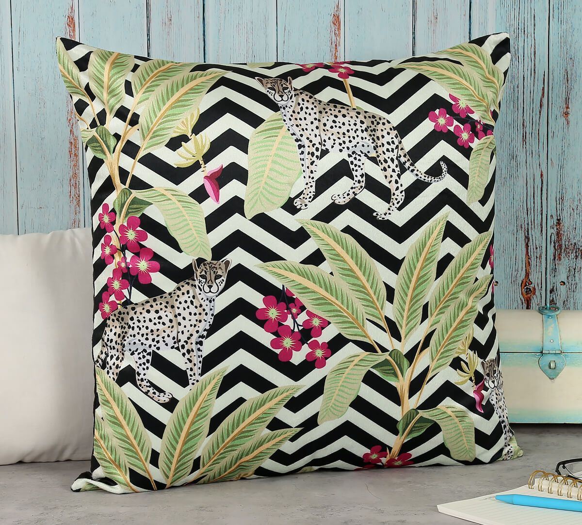 India Circus Cheetah In Chevron - Blended Velvet Cushion Cover - 18 X 18 Inch