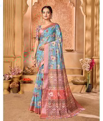 Aadvika Linen Printed Saree With Unstitched Blouse Piece ( Blue )