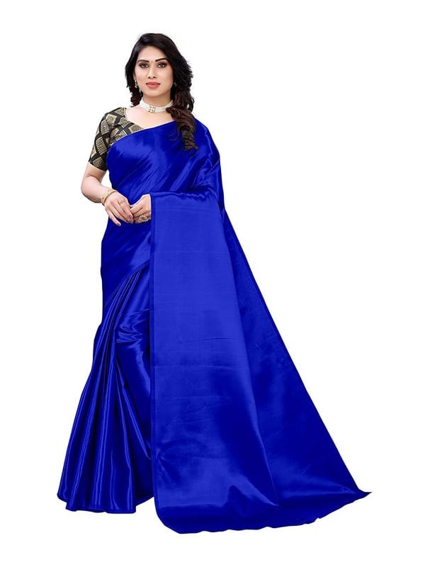 Generic Women's Satin Saree with Blouse (Royal Blue, 5 - 6 Mtrs)