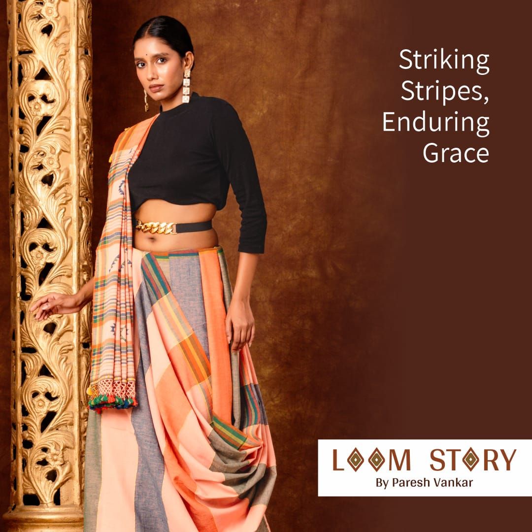 Sriking Stripes, Enduring Grace Organic Handwoven Kala Cotton Saree (Blouse piece included)