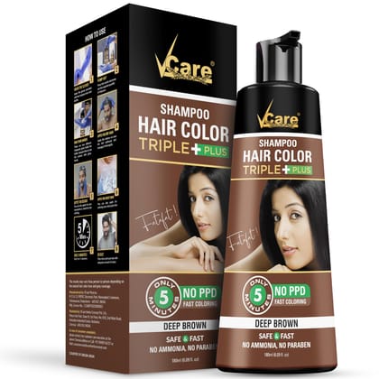 VCare Hair Colour Shampoo for Men and Women, 180ml, Deep Brown | No Ammonia | Long Lasting Hair Color | 100% Grey Coverage | Easy To Use Hair Colour At Home VCare Hair Colour Shampoo for Men and Women, 180ml, Deep Brown | No Ammonia | Long Lasting Hair C