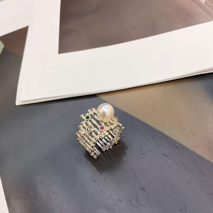 Rainbow Cubic Zirconia, Pearl Crystal White 18K Gold Anti Tarnish Adjustable Band Ring For Women