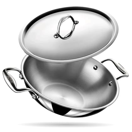 Stahl Triply Stainless Steel Artisan Kadhai with Lid - Premium Heat-Resistant Cookware (Size - 20cm/1.6ltr) by Mahavir Home Store