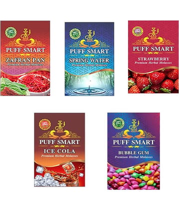 Puff Smart Premium Herbal Hookah Flavour Pack of 5 (Zafran Pan, Spring Water, Strawberry, Ice Cola, Bubble Gum)