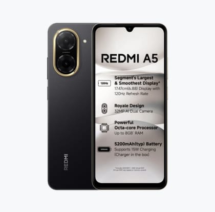 Redmi A5 Just Black (4GB RAM 128GB Storage) | Royale Design | Segment's Largest 17.47cm(6.88) and Smoothest 120Hz Display | 5200mAh Large Battery | Expandable Storage up to 2TB