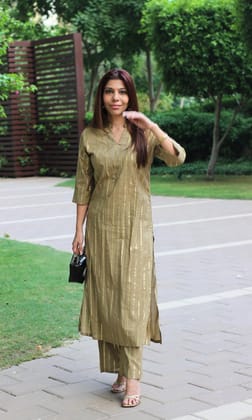 Cotton Lurex Collared Olive V-neck Coord Set-3XL