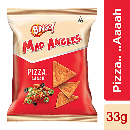 Bingo Mad Angles Pizza Flavour - Corn-Based Crunchy Chips, Perfect for Snacking, 33 g