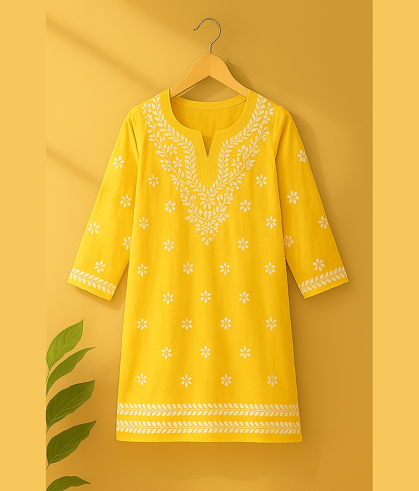 Estela Women Rayon Embroidered Straight Kurti ( Yellow )