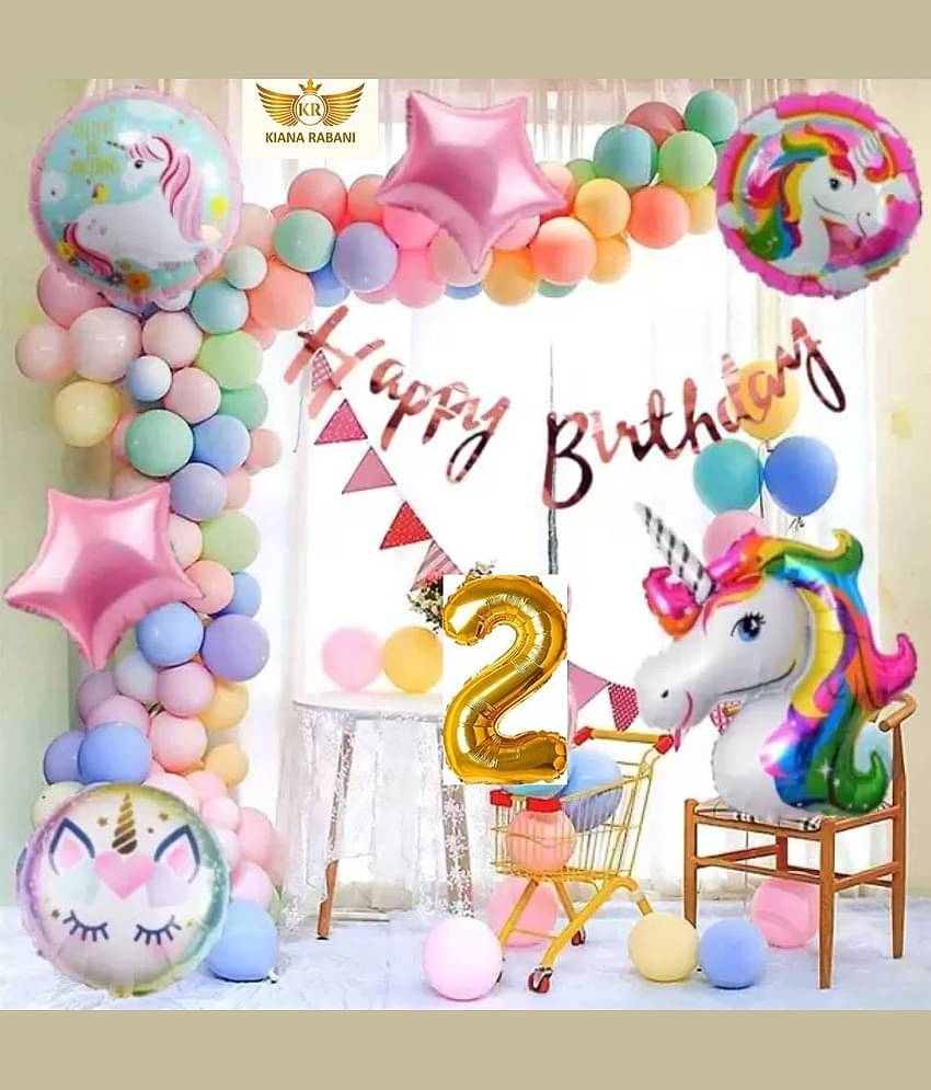KR 2ND HAPPY BIRTHDAY PARTY DECORATION WITH HAPPY BIRTHDAY BANNER ( 13 ), 30 MULTI COLOUR PASTEL BALLOON, 1 ARCH , 1 UNICORN, 2 PINK STAR, 2 ROUND SHAPE BALLOON, 2 NO. GOLD FOIL BALLOO