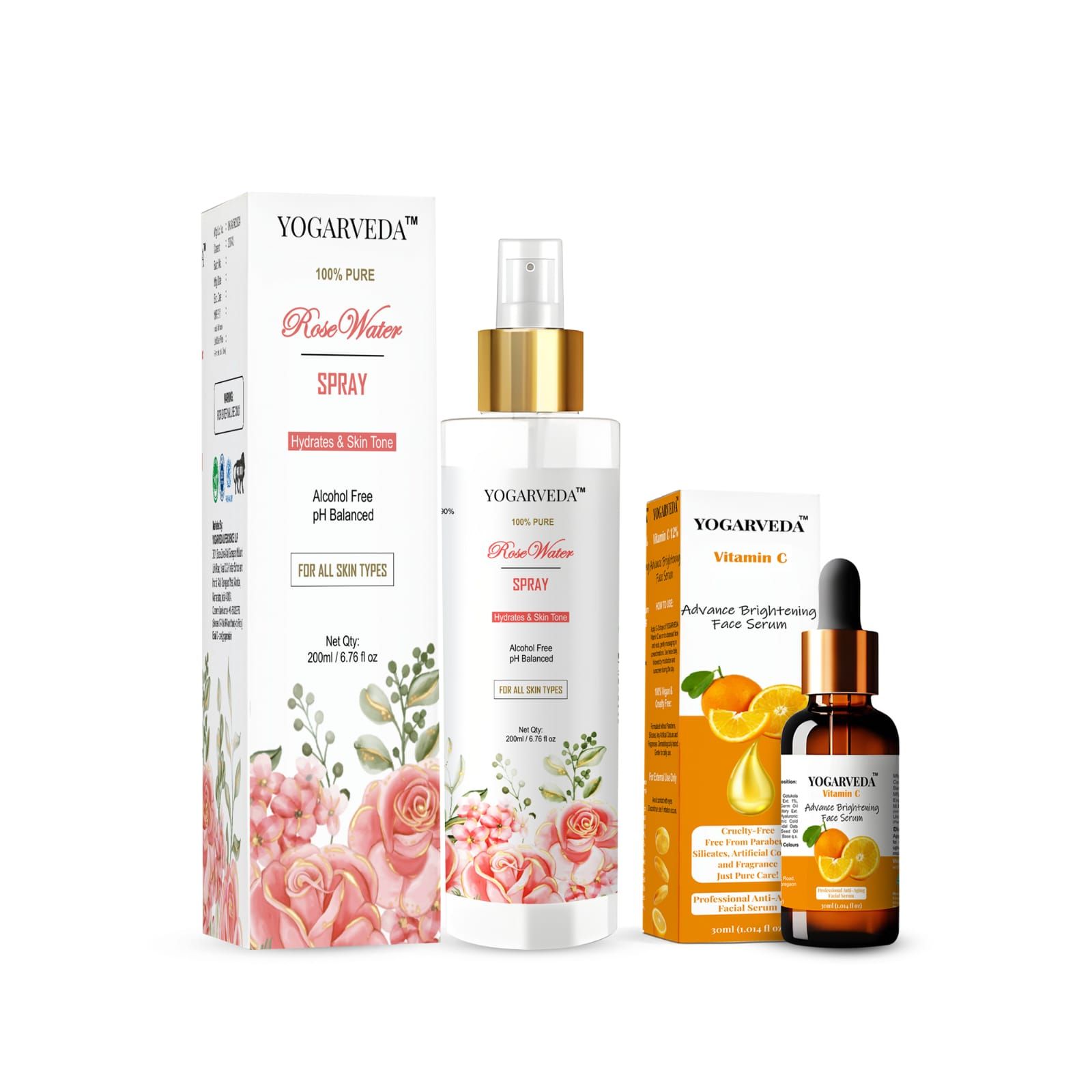 YOGARVEDA Rose Water Spray (200ml) & Vitamin C Face Serum (30ml) Combo  (2 Items in the set)
