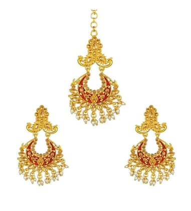 Generic Women's Rose Gold Plated Alloy Kundan Earrings & Mangtikka-PID47384
