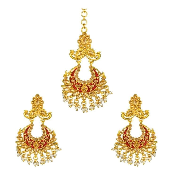 Generic Women's Rose Gold Plated Alloy Kundan Earrings & Mangtikka-PID47384