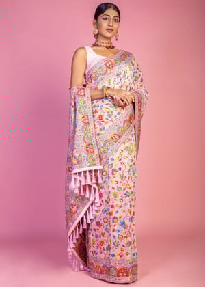 Light Pink Woven Kashmiri Jamewar Silk Saree