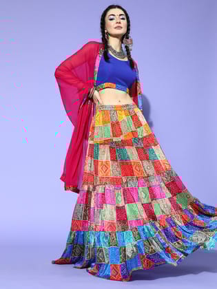 Rang Gali Royal Blue Bandhani Print Lehenga Choli Set-Onesize / Blue