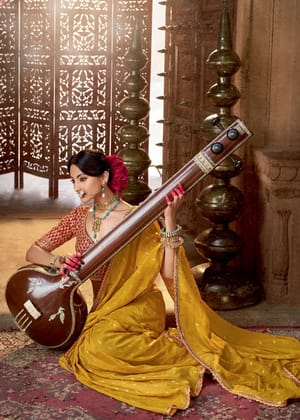 “Exclusive Offer” : Golden Yellow Woven Designer Embroidered Silk Saree With Contrast Blouse