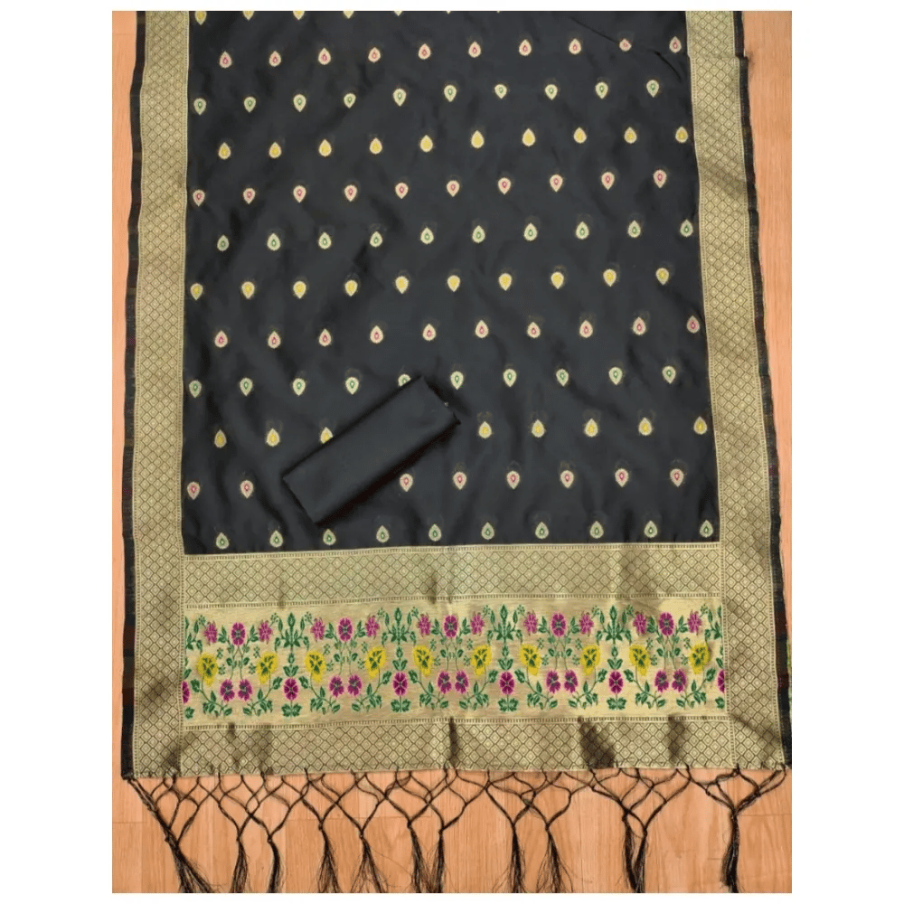 Generic Women's Banarasi Silk Printed Unstitched Salwar Suit Material With Dupatta (Black, 3Mtrs)