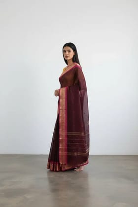 Handwoven Maroon Kanchipuram Cotton-Silk Saree with Dual Zari Borders Handwoven Maroon Kanchipuram Cotton-Silk Saree with Dual Zari Borders