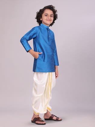 Boys Blue Colour Kurtha with Gold Jari Panchakacham Combo Chitrang-Kids 01 - 02 Yrs / F/S