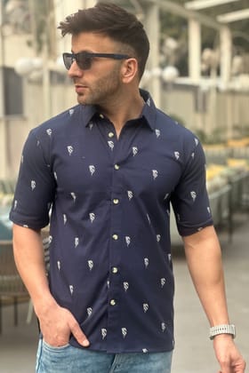 Navy Blue Oversized Revere Collar Knitted Shirt - S