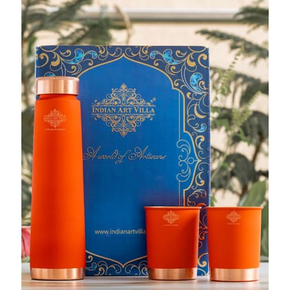 Pure Copper Bottle And Glass Set With Silk Finish Pyramid Design-Orange