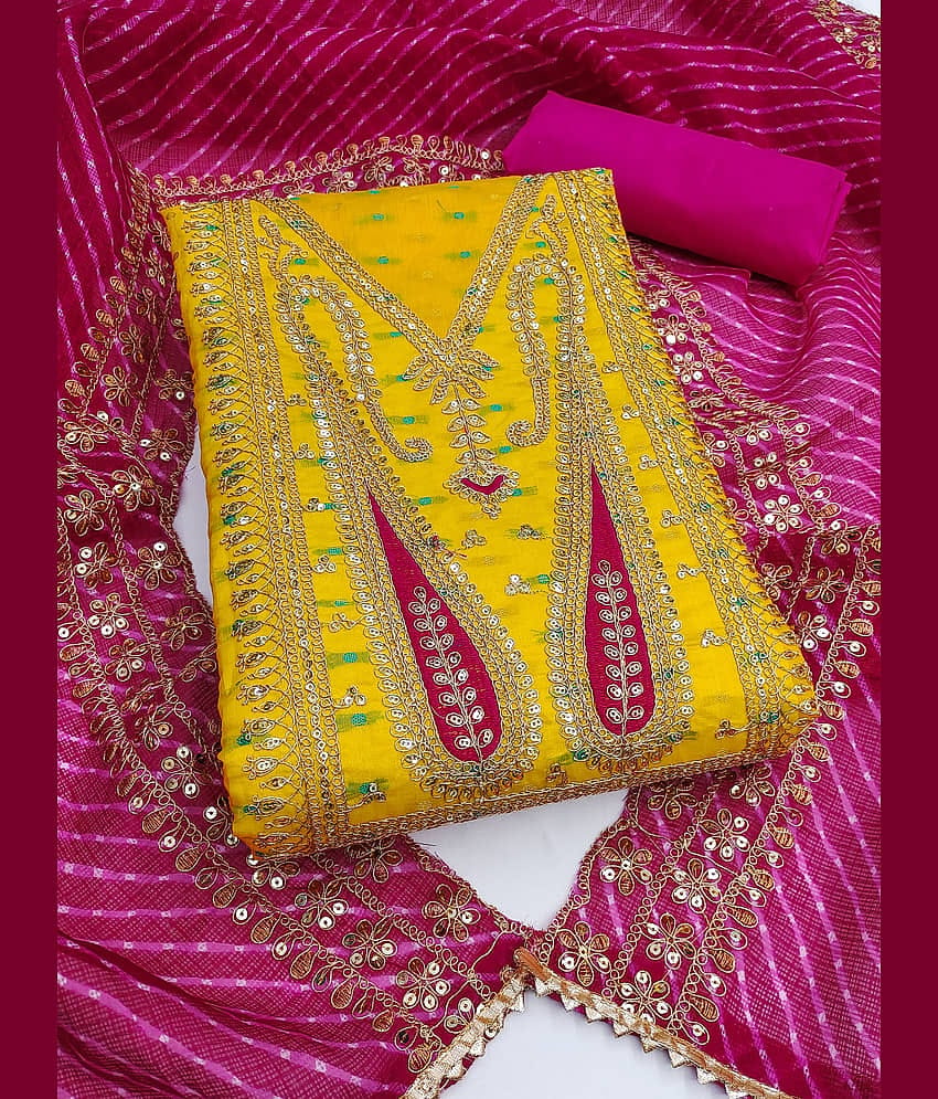 Nayanthara Trends Unstitched Chanderi Embroidered Dress Material - Yellow ( Pack of 1 )